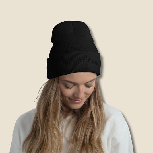 Keep Rising Embroidered Cuffed Beanie | Minimalist Black on Black Embroidery