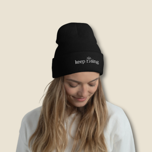 Keep Rising Cuffed Beanie | Keep Rising Embroidered Hat | White Thread