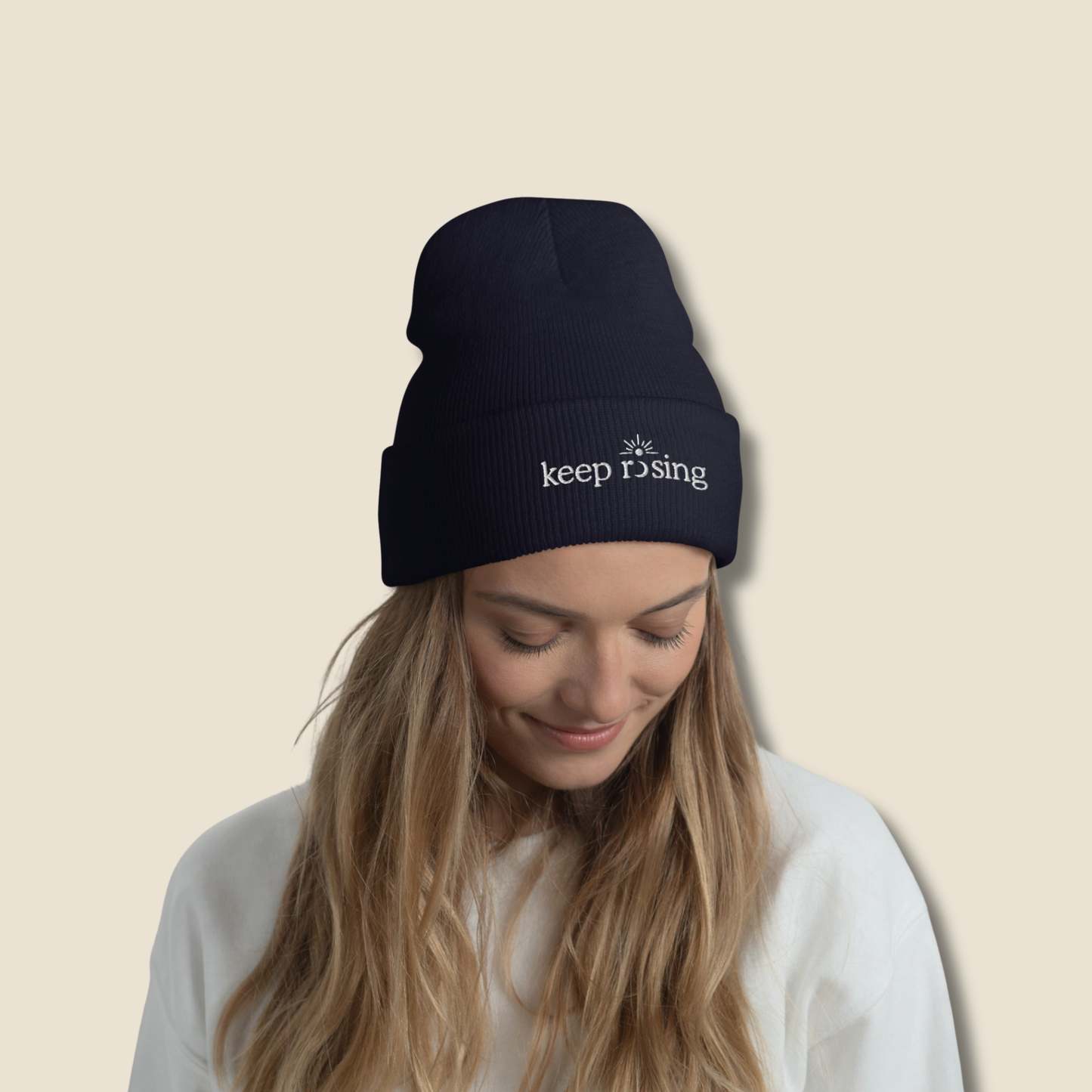 Keep Rising Cuffed Beanie | Keep Rising Embroidered Hat | White Thread