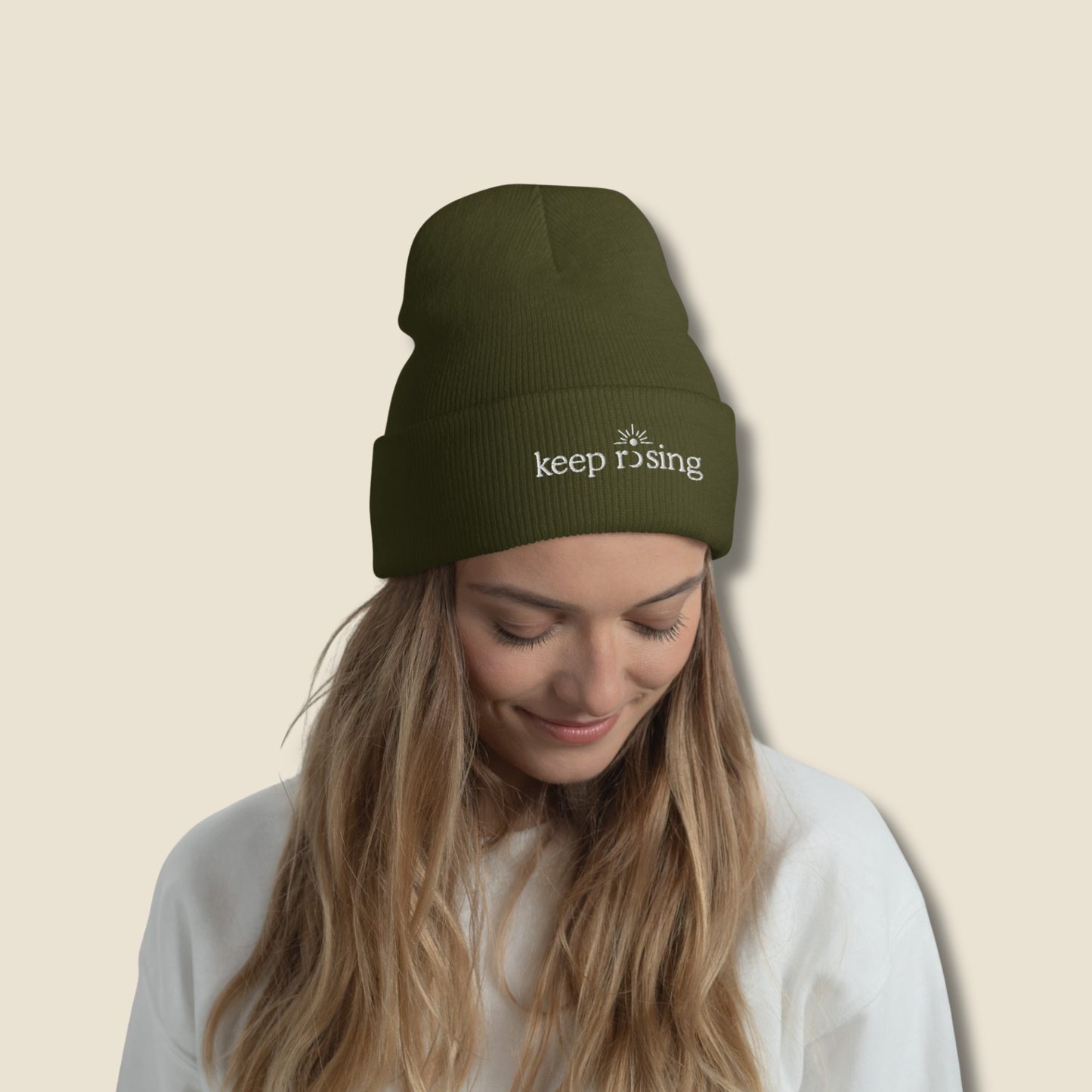 Keep Rising Cuffed Beanie | Keep Rising Embroidered Hat | White Thread