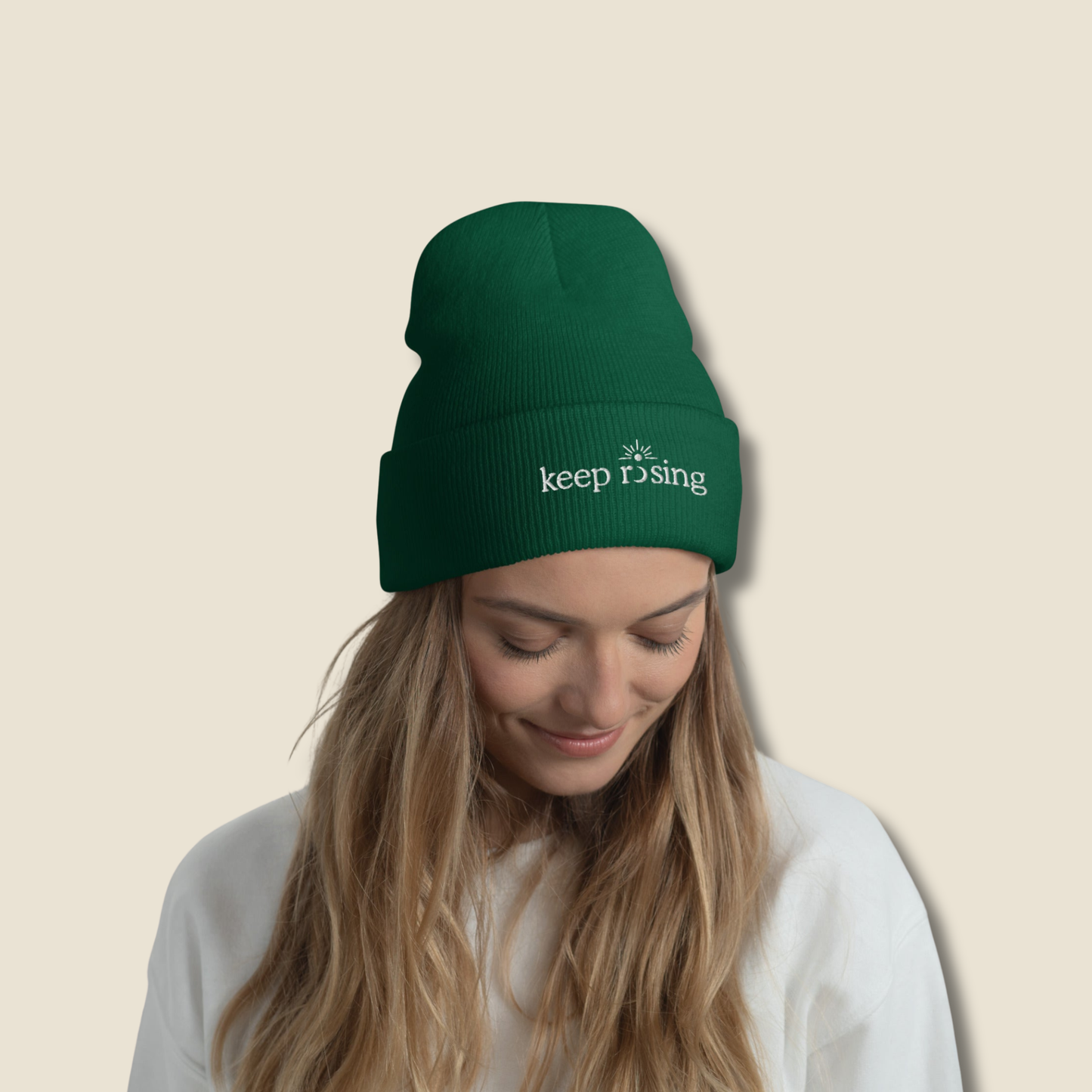 Keep Rising Cuffed Beanie | Keep Rising Embroidered Hat | White Thread